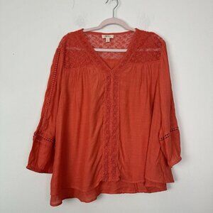 Style & Co Woman’s Orange Long Sleeve Lightweight Top Lace V-neck Size Large